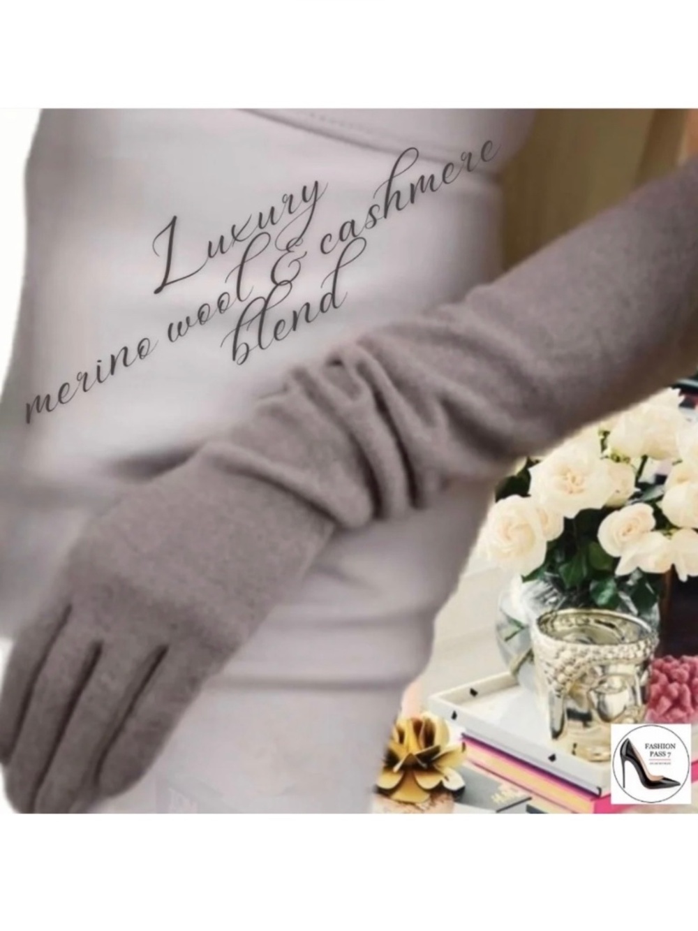 20” long Luxury Long Cashmere Merino Wool Gloves Classic Taupe Winter Warm glove